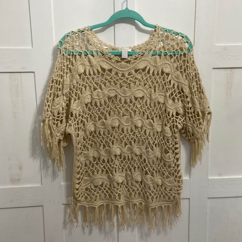 Chico’s Tan Beige Crochet Fringe Women’s Top size 1 Medium